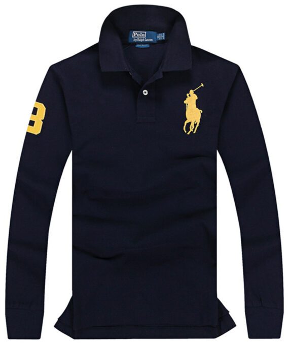 ראלף לורן-RALPH LAUREN POLO TSHIRT MEN LONG BIG PONY - NAVY BLUE & YELLOW LOGO