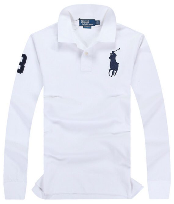 ראלף לורן-RALPH LAUREN POLO TSHIRT MEN LONG BIG PONY - WHITE & NAVY BLUE LOGO