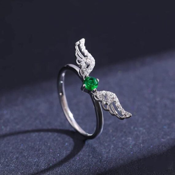 ⁦טבעת יוקרה-Silver Feather Rings for Women Cute Angel Wings With Green Crystal⁩ – תמונה ⁦3⁩