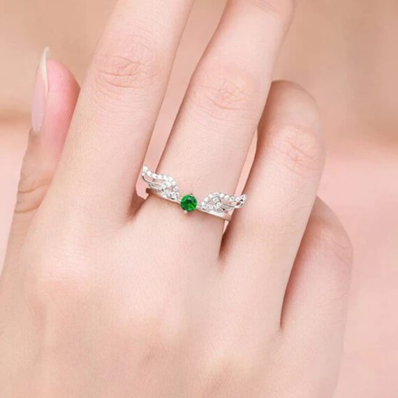 ⁦טבעת יוקרה-Silver Feather Rings for Women Cute Angel Wings With Green Crystal⁩ – תמונה ⁦2⁩