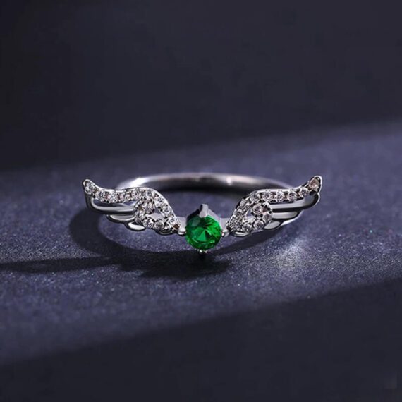 ⁦טבעת יוקרה-Silver Feather Rings for Women Cute Angel Wings With Green Crystal⁩ – תמונה ⁦4⁩