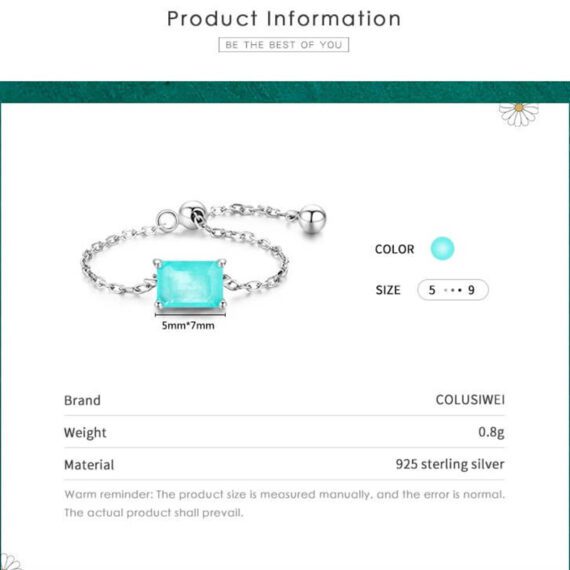 ⁦טבעת יוקרה-Silver Rings Adjustable Green Tourmaline Silver Chain Link Female Rings For Women⁩ – תמונה ⁦3⁩