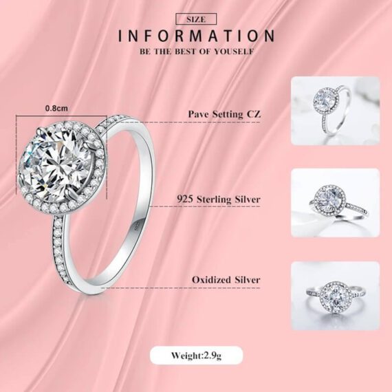 ⁦טבעת יוקרה-Silver Round Clear CZ Fashion Finger Ring Classic Jewelry For Women⁩ – תמונה ⁦3⁩